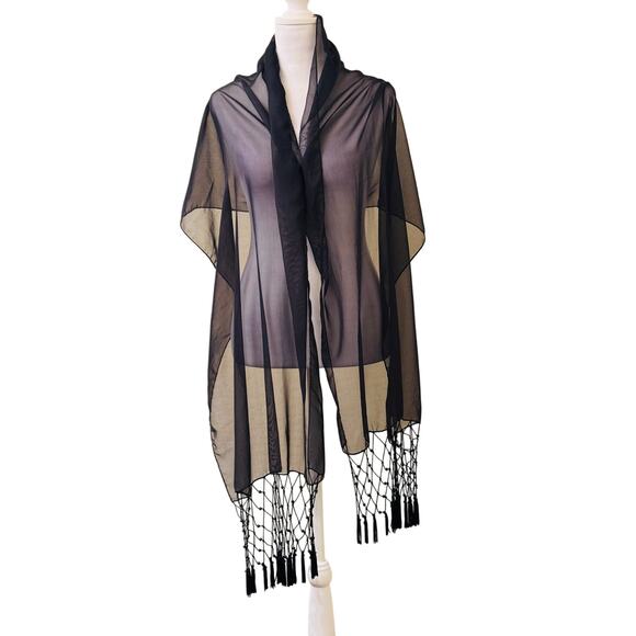Vintage Black Sheer Scarf Shawl with Beaded Fringe Edges - Picture 1 of 4